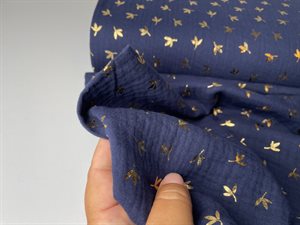 Gauze - florlet dobbelt gauze i marine med guld folie blomster